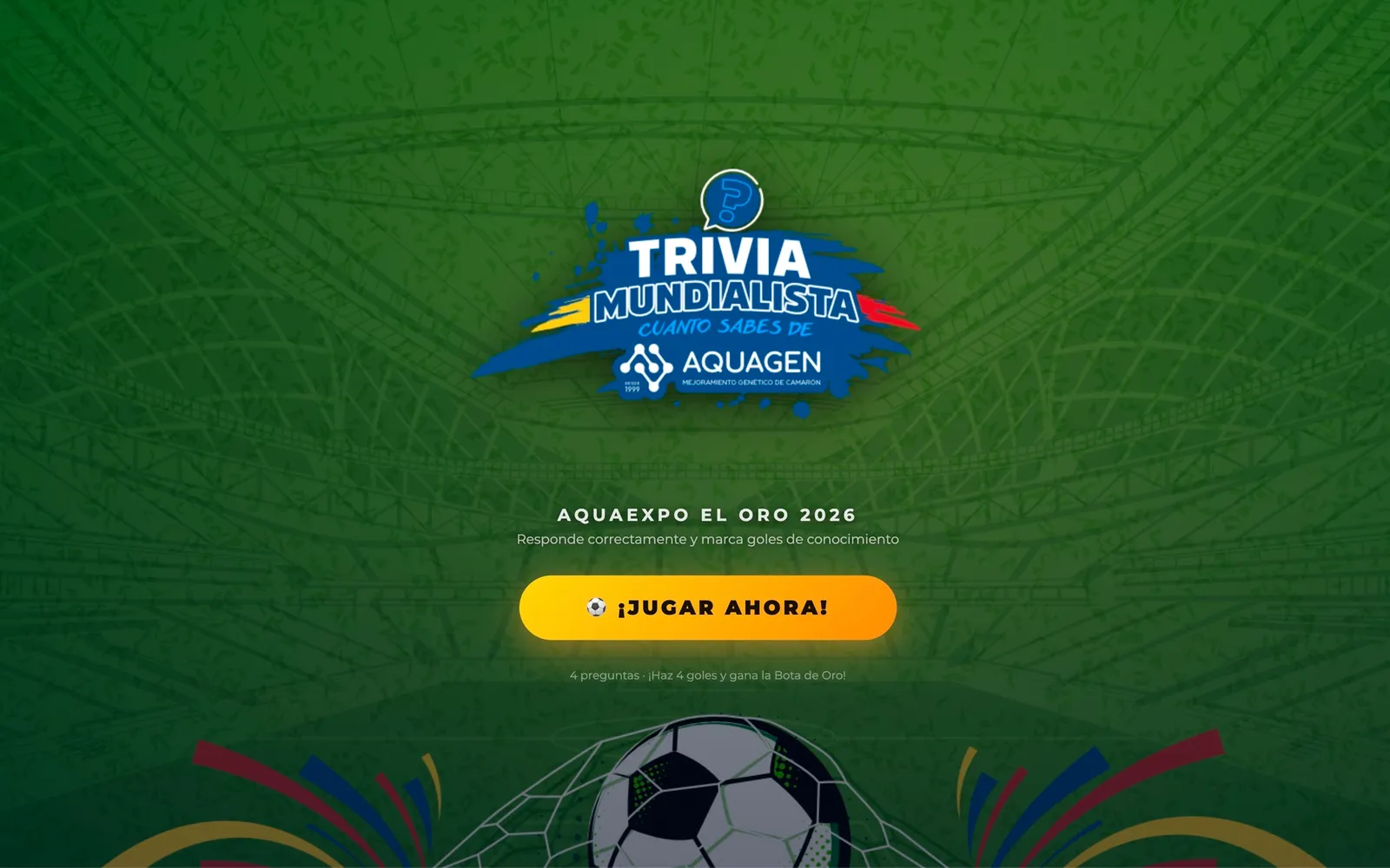 Pantalla de inicio de la Trivia Mundialista AQUAGEN para Aquaexpo El Oro 2026