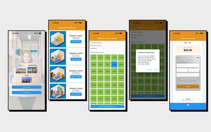 Cinco pantallas de la app Citybox Minibodegas: ingreso con las tres sedes, tamaños de bodega, selección de unidad, confirmación de la transacción y formulario de pago