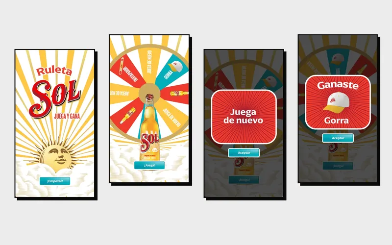 Cuatro pantallas de la Ruleta Sol: portada, ruleta con premios, mensaje de volver a jugar y mensaje de premio ganado
